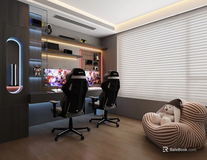 Modern Gaming Entertainment Room With Two Gaming Chairs Computer Screens And Striped Bean Bag 3d model 
