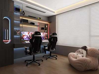 Modern Gaming Entertainment Room With Two Gaming Chairs Computer Screens And Striped Bean Bag 3d model
