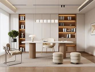 Modern Cream Style Study Desk and Chair Combination Bookcase Decorative Cabinet Hanging Painting Chandelier Desk Ornaments Single Chair Stool Plant Potted Plant 3d model