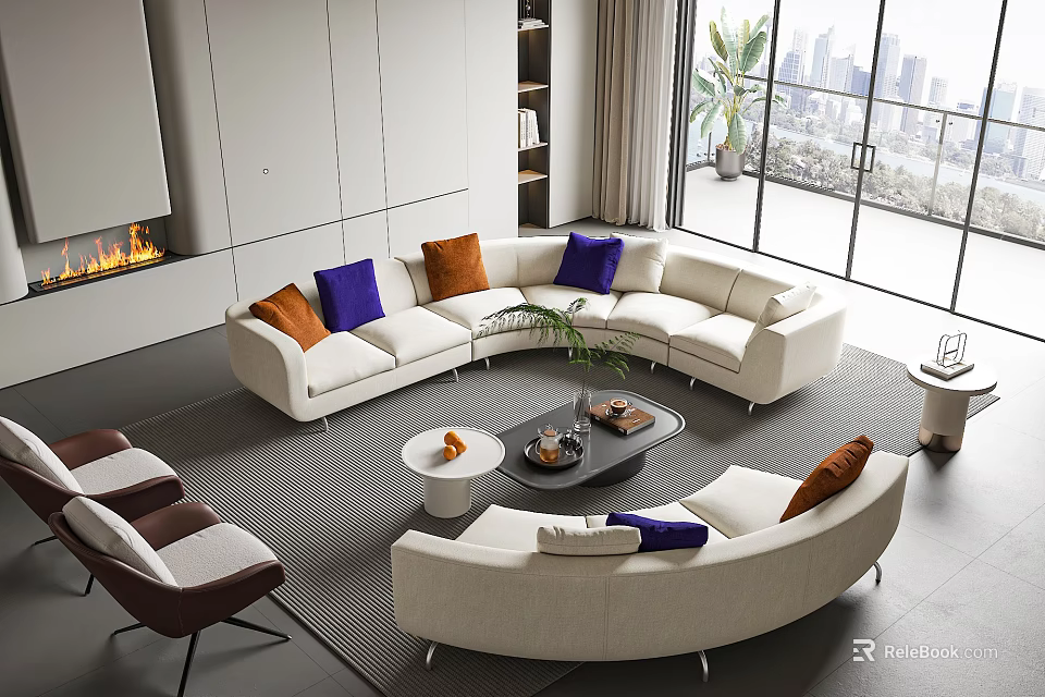 Modern White Curved Sectional Sofa And Coffee Table Set With Colorful Orange Blue Purple Cushions 3d model 
