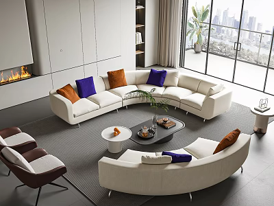 Modern White Curved Sectional Sofa And Coffee Table Set With Colorful Orange Blue Purple Cushions 3d model