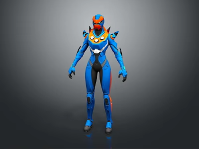 Game Movie Character In Blue Orange Armored Suit With Sci Fi Helmet Shoulder Armor Design 3d model
