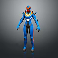 Game Movie Character In Blue Orange Armored Suit With Sci Fi Helmet Shoulder Armor Design