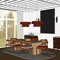 Elegant Dining Room Interior With Wooden Pendant Lights Orange Chairs Dining Table Fireplace And Mirror