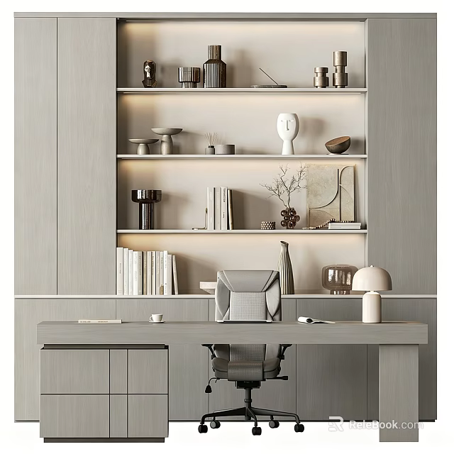 Modern Built in Bookcase in Home Office Space with Books Decorative Items and Sculptures 3d model 