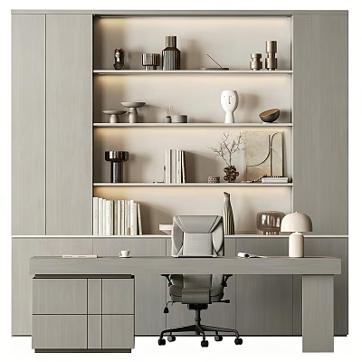 Modern Built in Bookcase in Home Office Space with Books Decorative Items and Sculptures 3d model