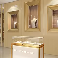 Luxury Jewelry Display Shelves With Golden Frames Glass Showcases And Mannequins
