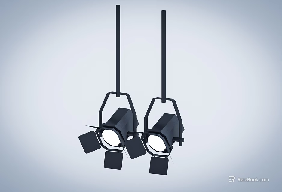 Two Black Hanging Downlights and Spotlights with Bracket Structure and Lamp Heads 3d model 