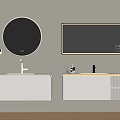 Modern White Wall Mounted Bathroom Vanity Cabinets With Round And Rectangular Mirrors And Lighting 3d model