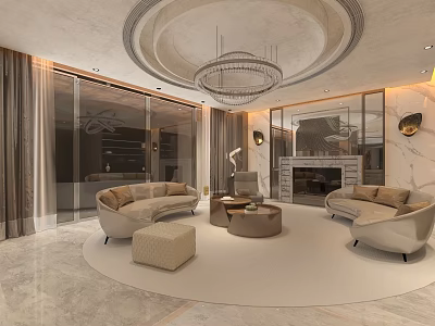 Luxury Marble Lounge Interior With Sofas Pouf Chandelier And Fireplace 3d model
