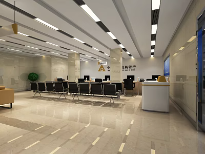 Huaxia Bank Lobby Interior With Waiting Area Service Counter Chairs Lighting And Marble Floor 3d model