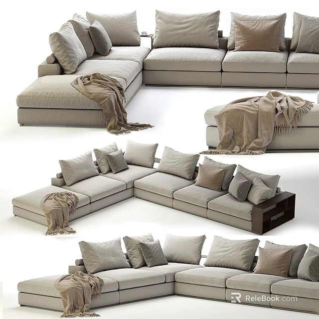 Modern Light Gray Sectional Sofa With Plush Cushions And Cozy Throw Blanket 3d model