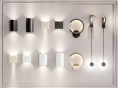 Modern Wall Lamps Various Designs Black White Beige Colors Round Square Shapes On White Wall 3d model