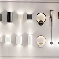 Modern Wall Lamps Various Designs Black White Beige Colors Round Square Shapes On White Wall
