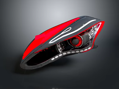 Modern Car Headlight With Red Accents Black Frame And LED Strip 3d model