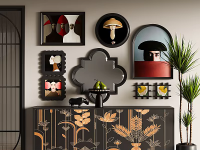 Modern Interior Decor With Framed Artworks Decorative Mirror Floral Cabinet And Potted Plant 3d model