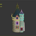 Cartoon Castle Scene with Blue Spire Roofs White Stone Walls and Wooden Door