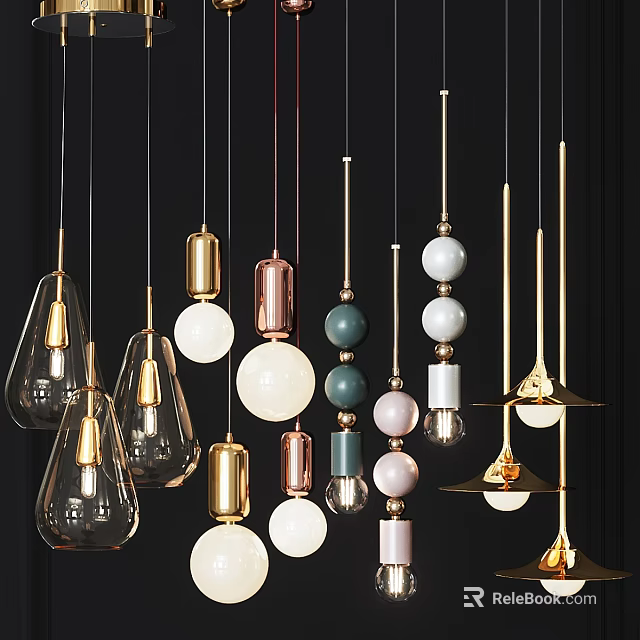 Modern Pendant Lights With Glass Metal Sphere Cone Shapes In Gold White Green Pink 3d model 