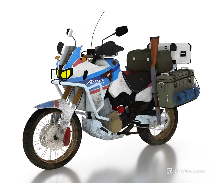 Durable Adventure Motorcycle in Blue White Red with Side Cases Luggage Rack and Gear 3d model 