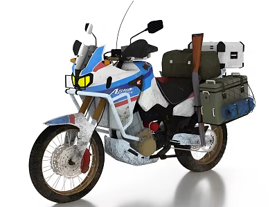 Durable Adventure Motorcycle in Blue White Red with Side Cases Luggage Rack and Gear 3d model