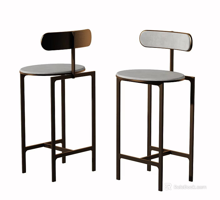Two Modern Bar Stools With Dark Frames And Light Gray Seats Design 3d model