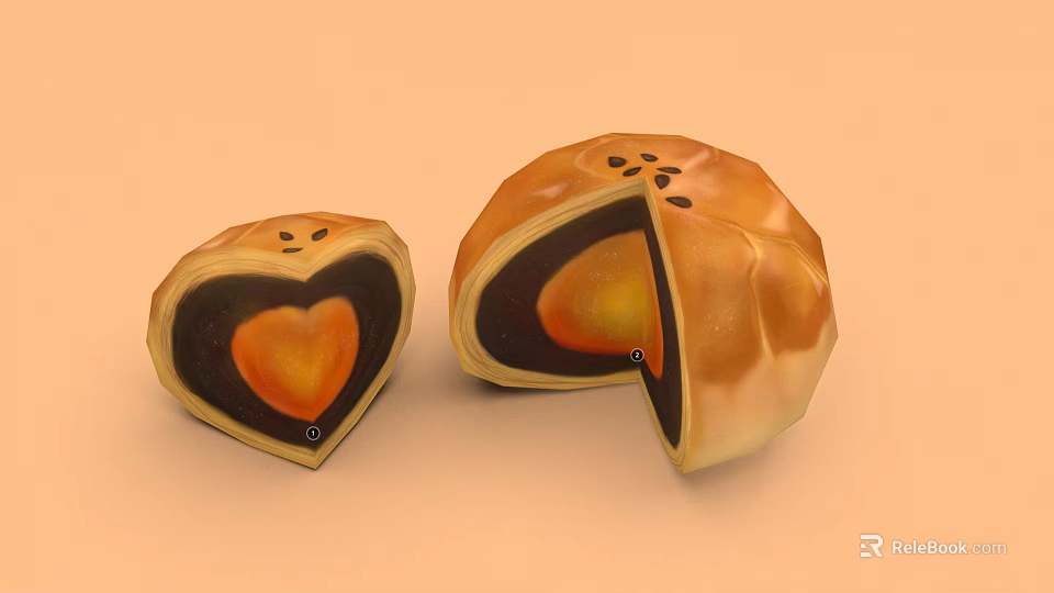 Heart Shaped And Round Mooncakes Cut Open With Orange Filling And Golden Crust 3d model 