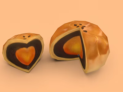 Heart Shaped And Round Mooncakes Cut Open With Orange Filling And Golden Crust 3d model