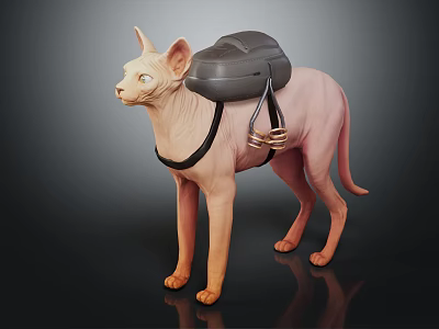 Sphynx Cat With Gray Backpack And Black Straps Standing On Dark Surface 3d model