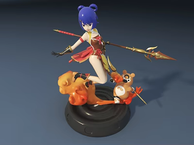 Blue Haired Girl Sculpture With Spear Red Gold Outfit Flames Bear Like Figure Black Base 3d model
