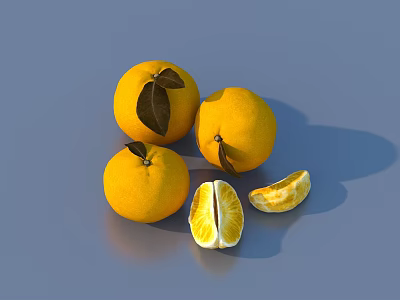 Fresh Whole Oranges With Sliced Half And Segment On Gray Surface 3d model