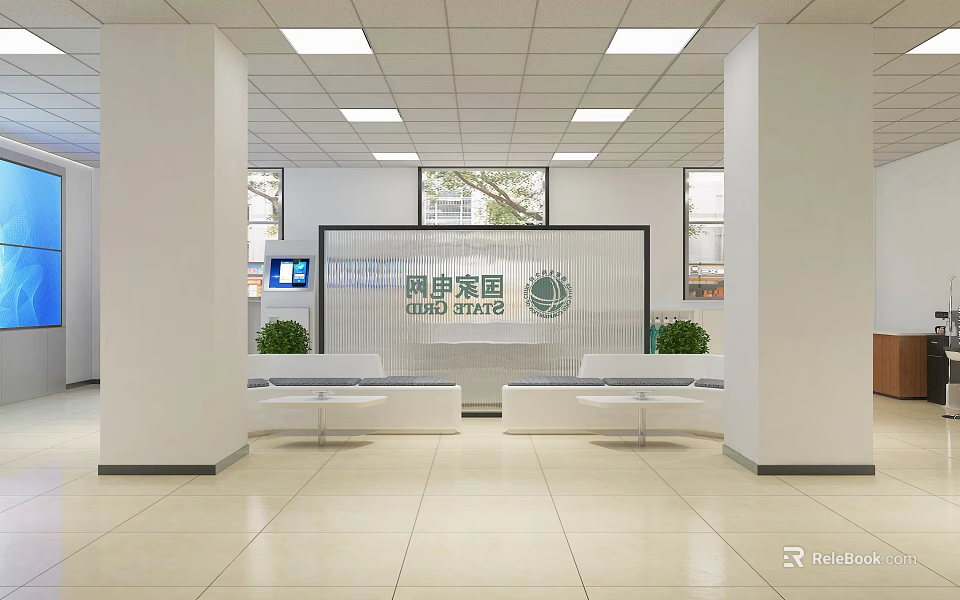 Spacious Digital Store Lobby With White Seats Green Plants Glass Wall And Bright Lighting 3d model 