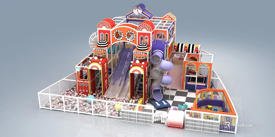 Colorful Indoor Playground with Slides Ball Pit Enclosed Fence and Multi Level Structures 3d model 