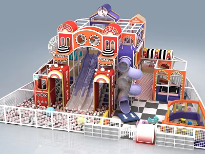 Colorful Indoor Playground with Slides Ball Pit Enclosed Fence and Multi Level Structures 3d model