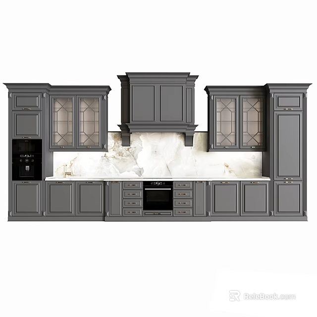 Modern Kitchen Gray Cabinets With Glass Doors Marble Countertop Drawers And Built In Coffee Maker 3d model 