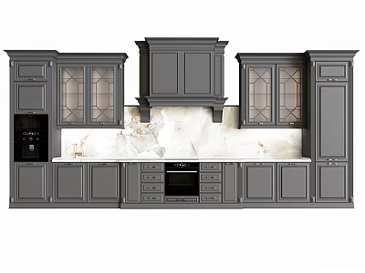 Modern Kitchen Gray Cabinets With Glass Doors Marble Countertop Drawers And Built In Coffee Maker 3d model