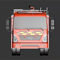 Red Fire Truck with Yellow Black Stripes Roof Ladder and 119 Logo on Reflective Surface