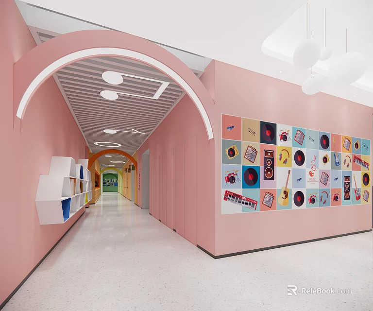 Well Lit Elevator Corridor With Pink Walls Arch And Colorful Artworks 3d model 