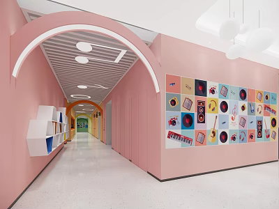 Well Lit Elevator Corridor With Pink Walls Arch And Colorful Artworks 3d model
