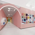 Well Lit Elevator Corridor With Pink Walls Arch And Colorful Artworks