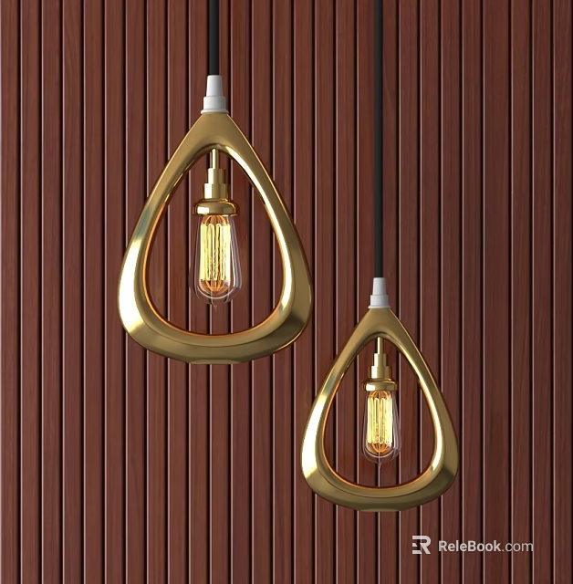 Gold Triangular Frame Pendant Lights With Bulbs Against Brown Vertical Striped Wall 3d model 