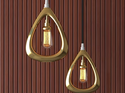 Gold Triangular Frame Pendant Lights With Bulbs Against Brown Vertical Striped Wall 3d model