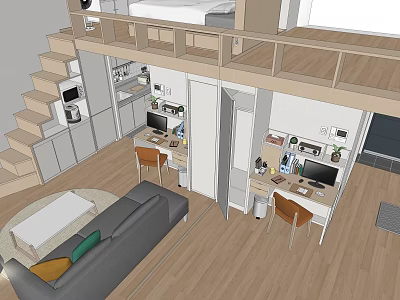 Modern Loft Apartment With Open Living Workspace Kitchen Staircase And Wooden Floors 3d model