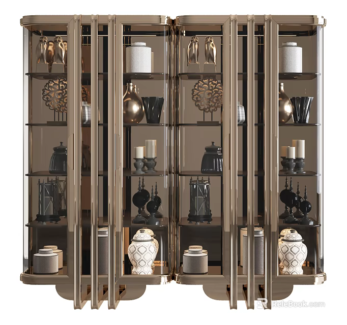 Modern Decorative Cabinet With Glass Doors And Ornate Vases Candle Holders 3d model 