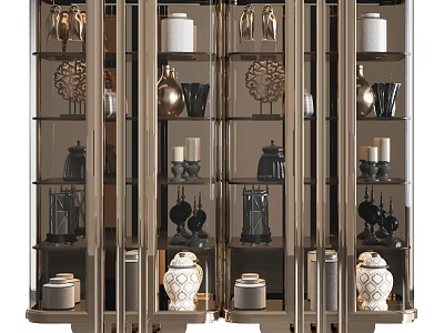 Modern Decorative Cabinet With Glass Doors And Ornate Vases Candle Holders 3d model