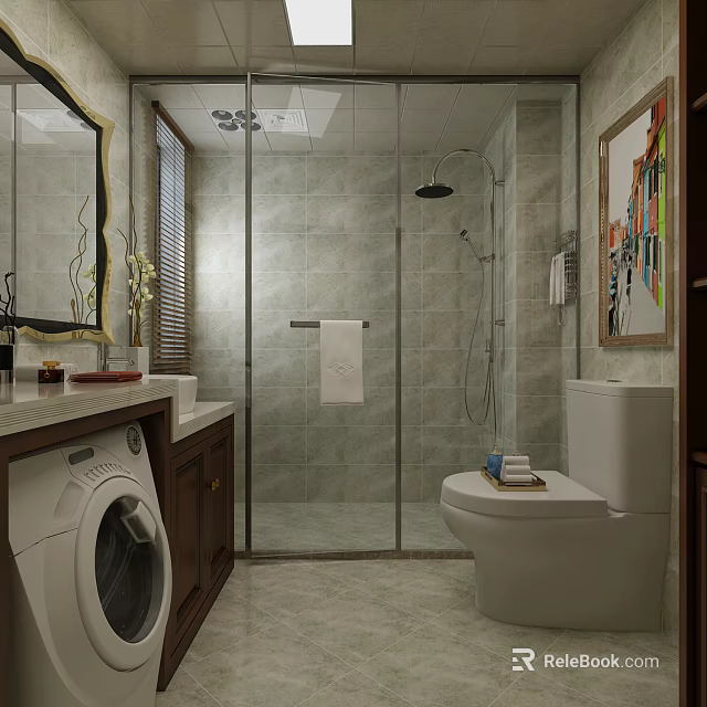 Modern Grey Tiled Home Bathroom Interior Design With Glass Shower Partition And Built In Washing Machine 3d model 