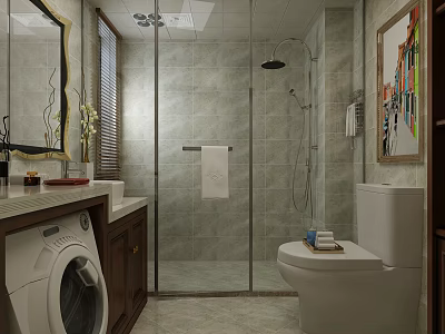 Modern Grey Tiled Home Bathroom Interior Design With Glass Shower Partition And Built In Washing Machine 3d model