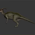 Realistic Parasaurolophus Dinosaur With Crested Head And Green Brown Body Standing On Gray Background