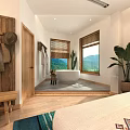 Hotel Room Interior With Bathtub Mountain View Windows And Wooden Decor Plants