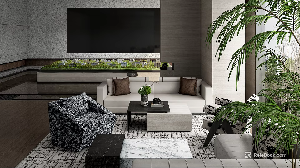 Modern Sales Office Living Room Interior With Sofa Coffee Table Plants And Large Screen 3d model 