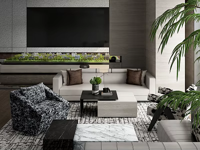 Modern Sales Office Living Room Interior With Sofa Coffee Table Plants And Large Screen 3d model